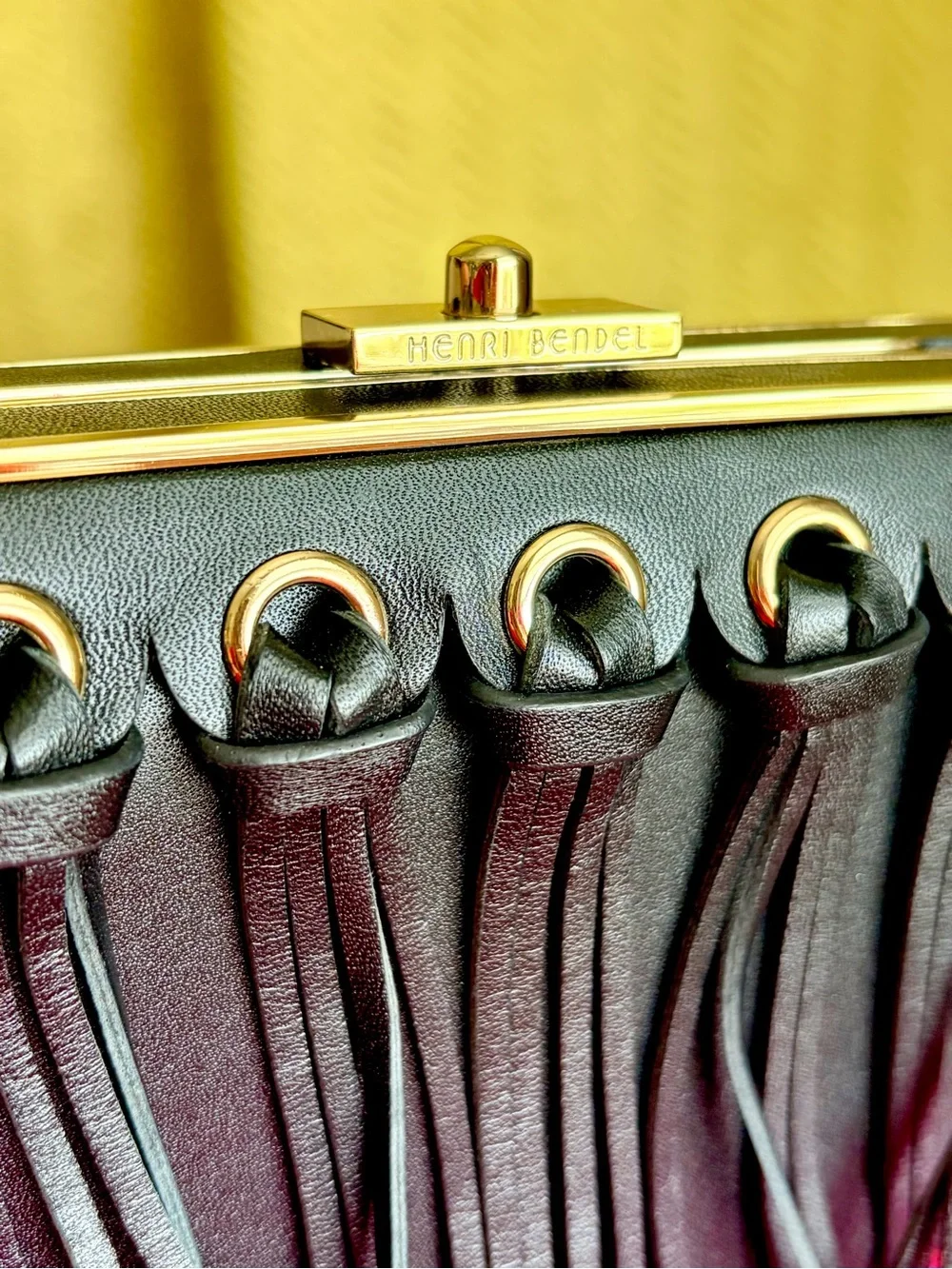 henri bendel Black Leather Fringe Box Clutch with Gold Hardware